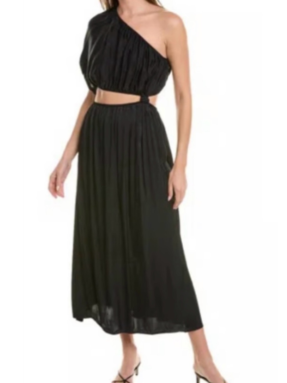 FARM Rio One-Shoulder Black Midi Dress with Waist Cutout